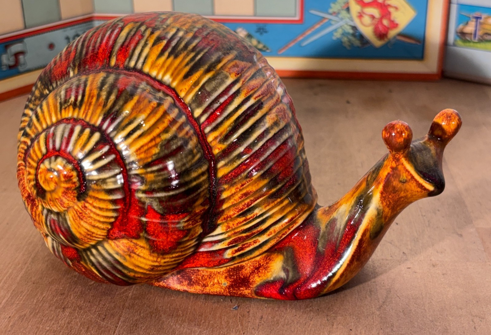 Large Vintage Mid-Century Modern Ceramic Snail Figurine, Mottled Glaze, 4″h, 7″l
