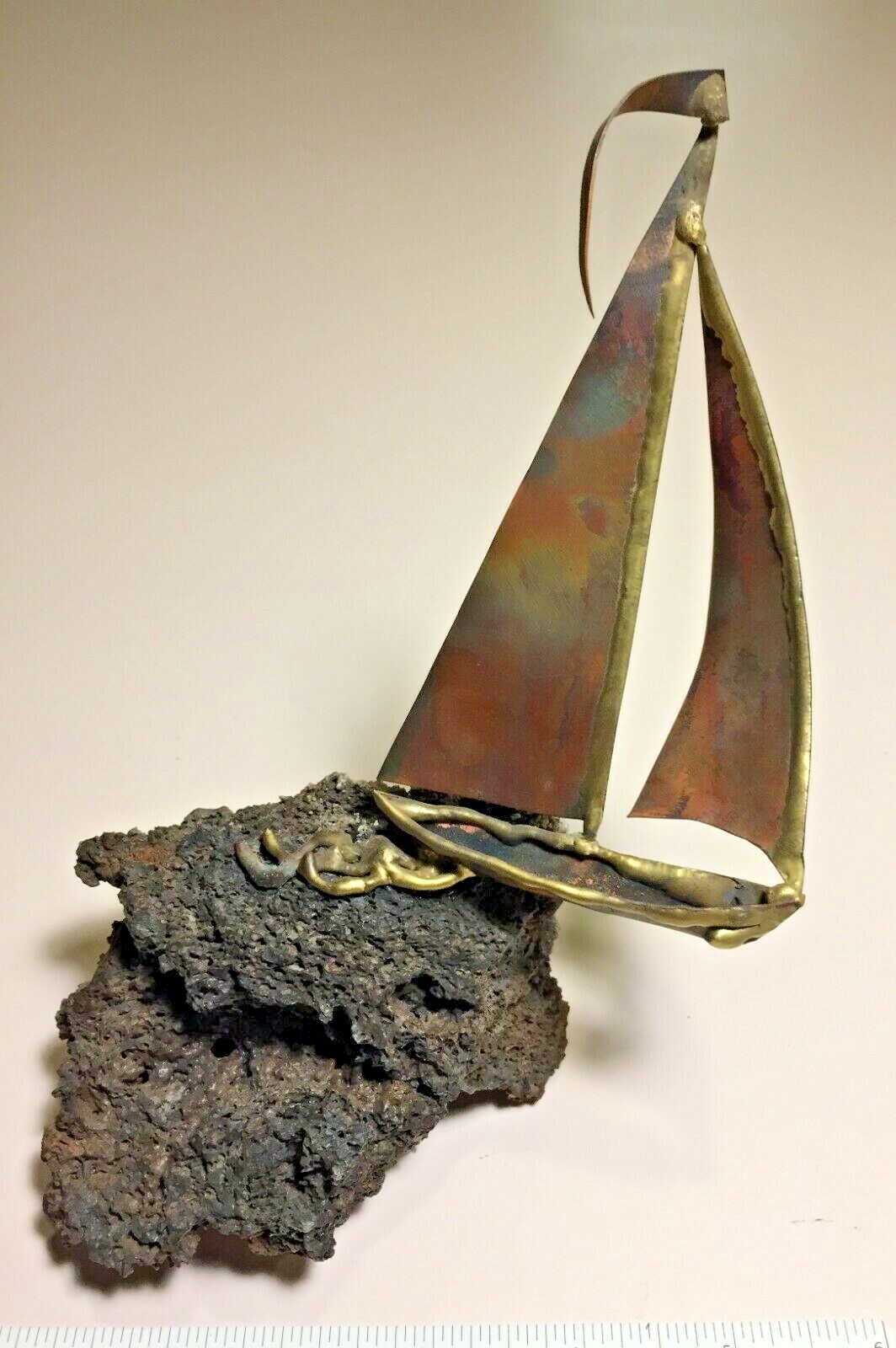 6.5″ Tall 1970s Brass Copper Sloop Sailboat Lava Rock Sculpture Crossfire Hawaii