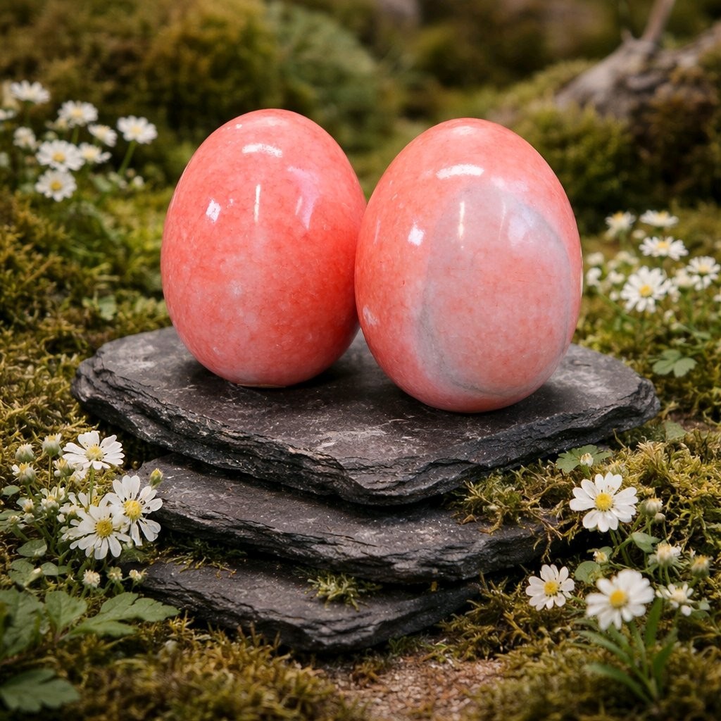 Vintage Russ Berrie Lot of 2 Stone Marble Pink Easter Eggs 1.75″ in Length