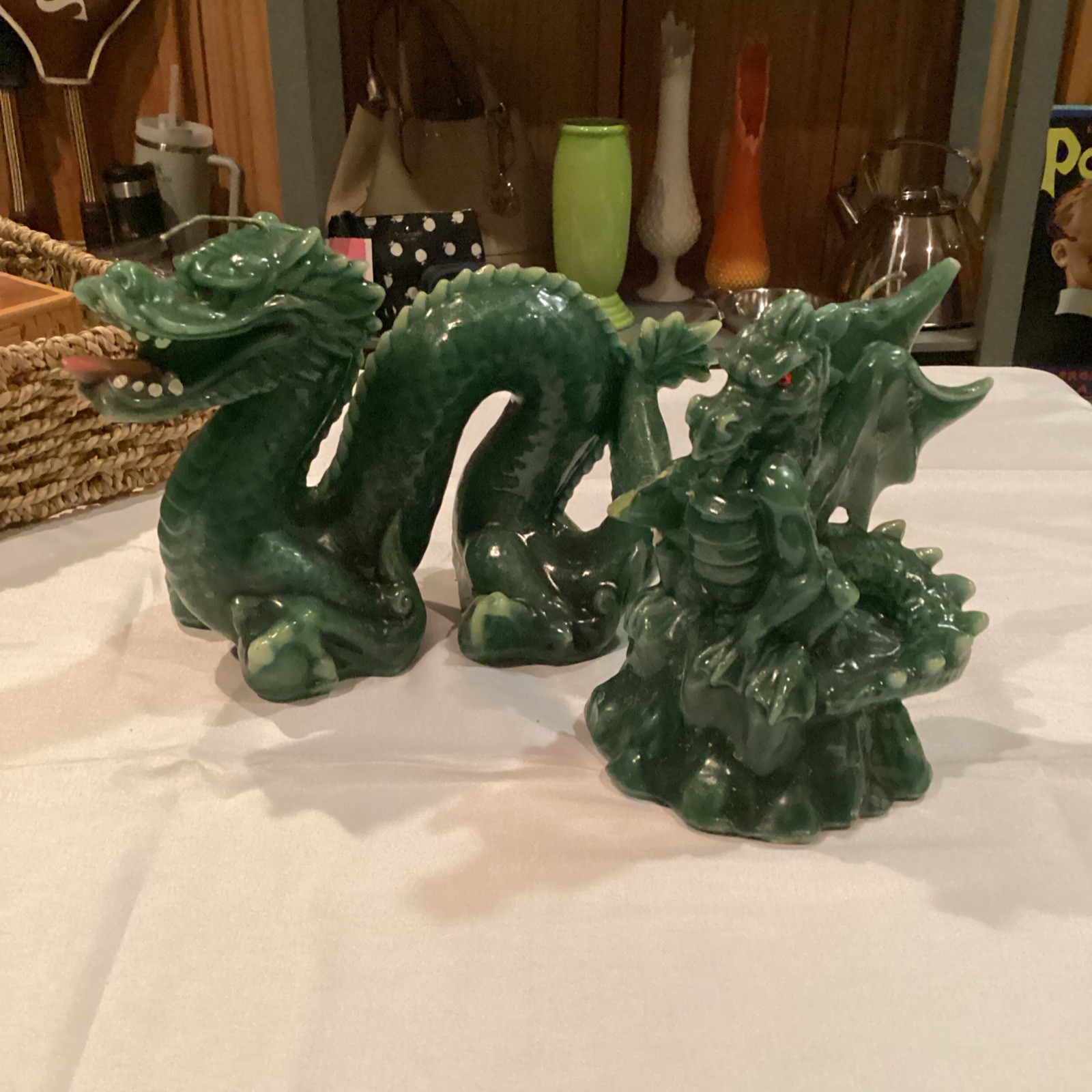 Vintage Chinese Dragon Wax Candles Green Jade Look Red Eyes Set of 2
