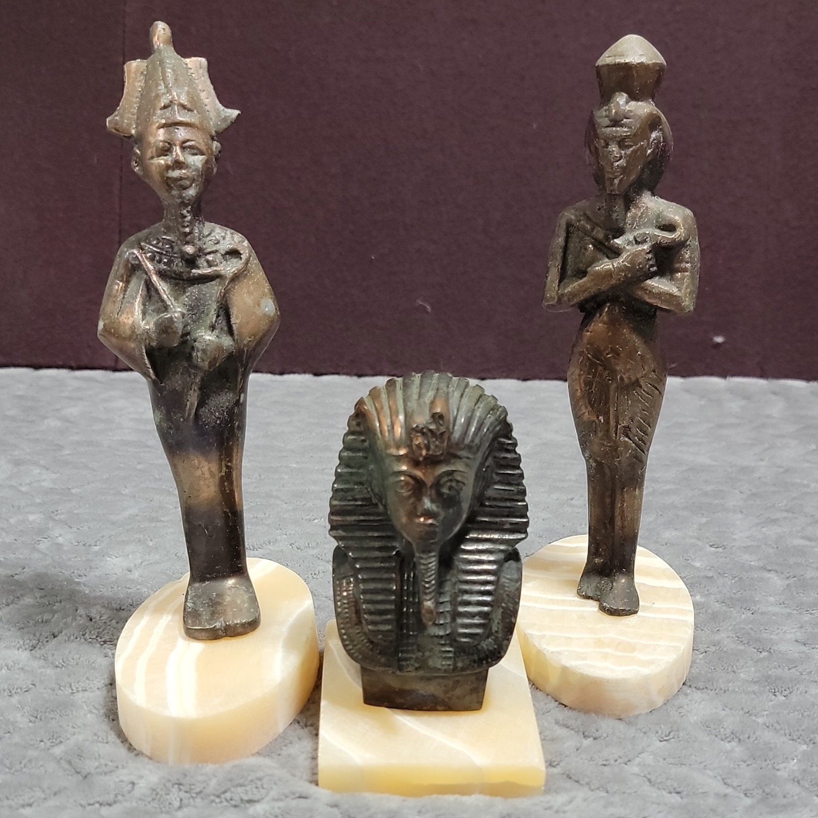 3pc Lot Egyptian Pharaoh Metal Figurines on Stone Bases, Antique Striped