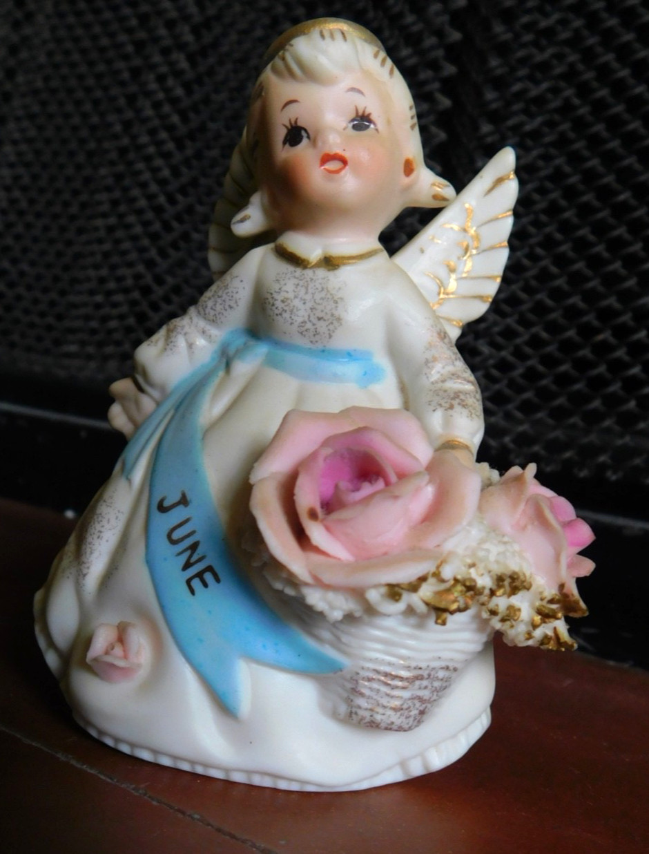 Vintage Lefton June Birthday Angel Figurine Flower-Halo- Porcelain 4″ Japan 3332