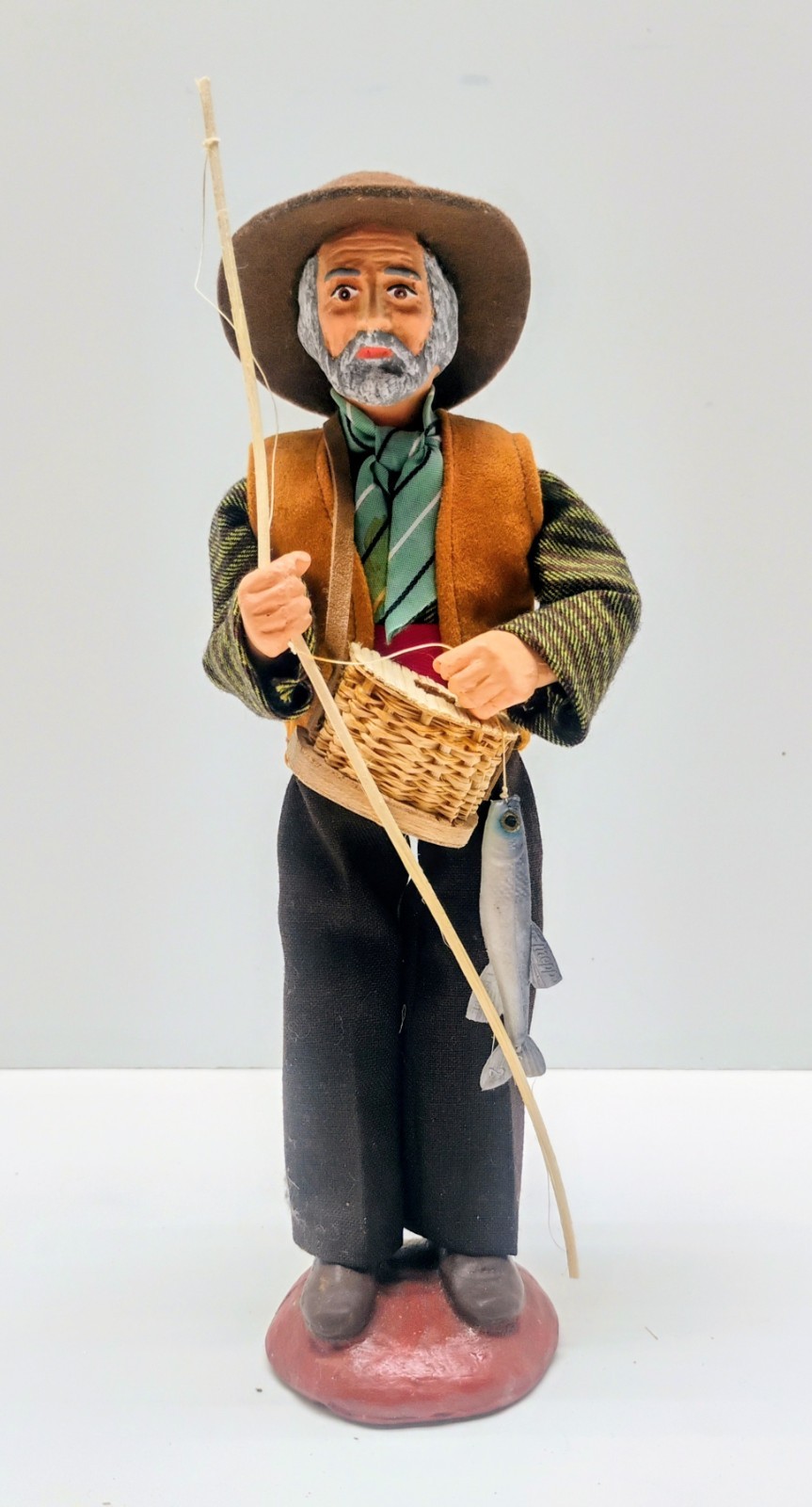 Vintage La Santonnerie French Santon Fisherman 10″ Nativity Doll w Fish & Creel