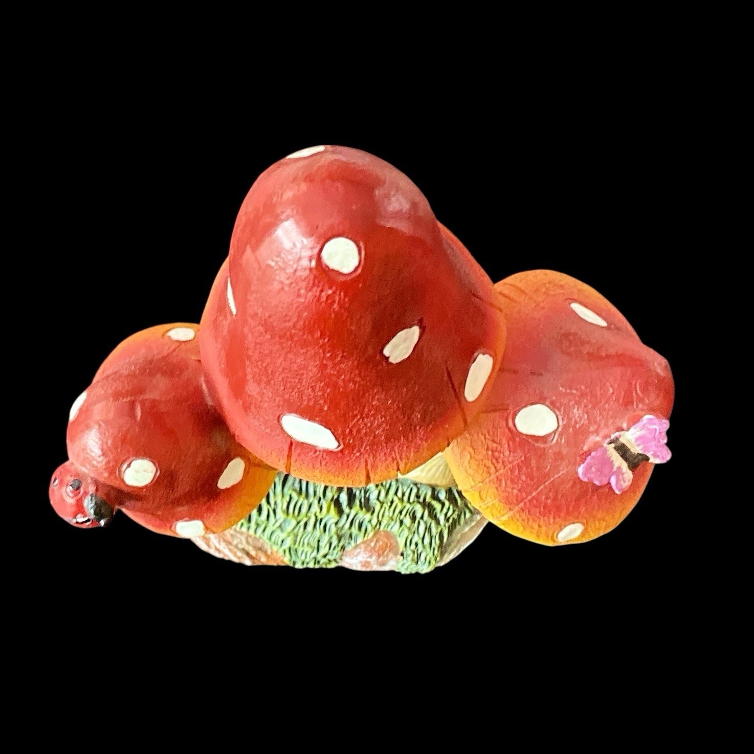 Red Polka Dot Mushrooms & Butterfly Figurine Whimsical Resin Ladybug 7”