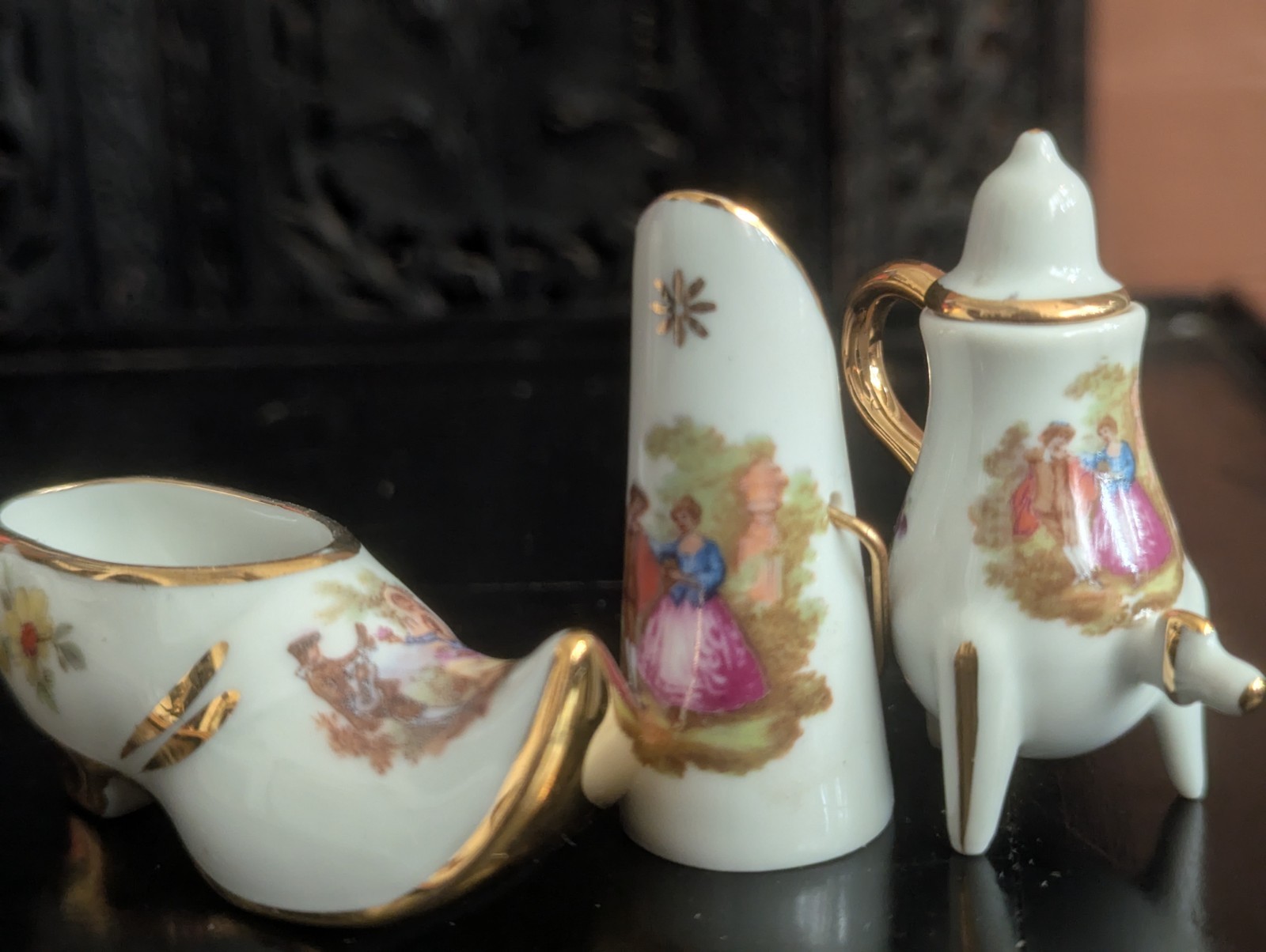 Lot Vtg Limoges France Porcelain Miniature Courting Couple Rococo Shoe Vase Tea
