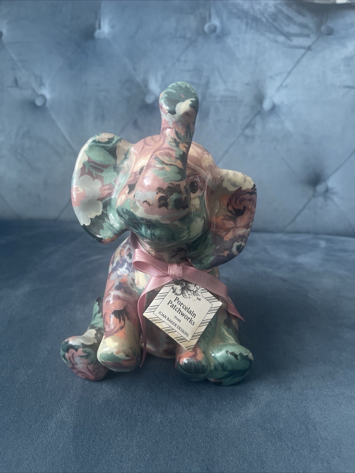 Patchwork Elephant Figurine Joan Baker Designs Floral Pink Green Arbor Rose 8”