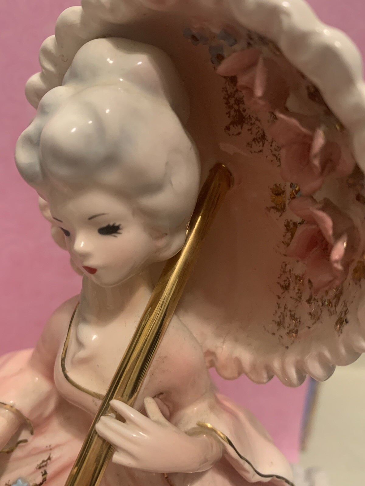 Vintage 9” Josef originals lady figurine pink dress umbrella southern Belle READ