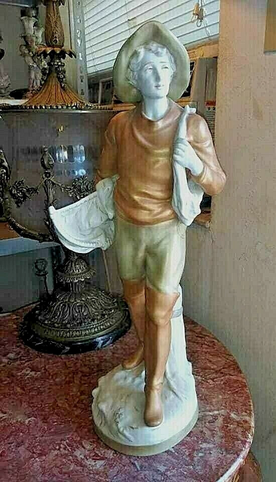 Vintage Royal Dux Porcelain Figurine, “The Fisherman”. 21″ high. 1920-30´s.