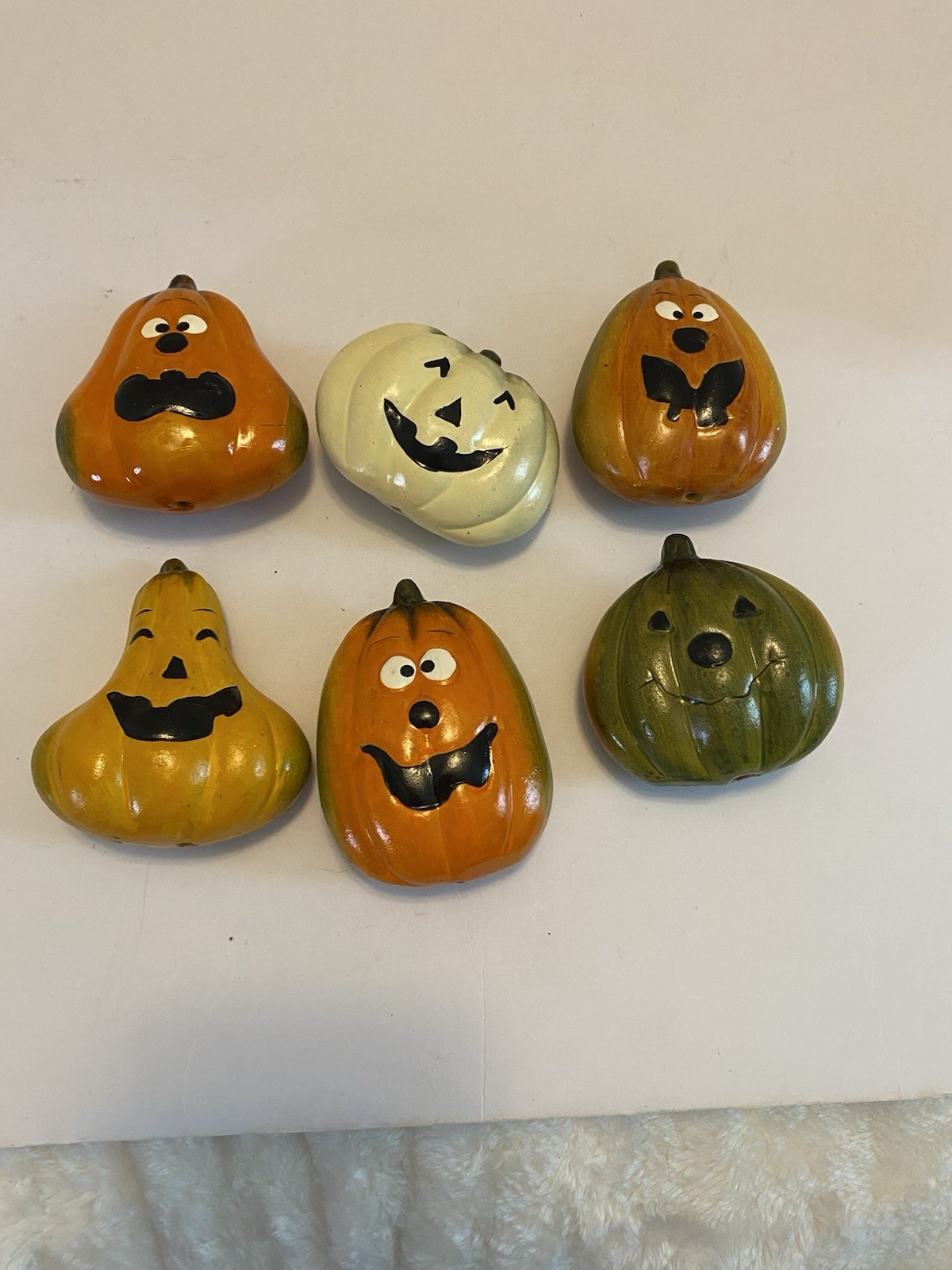 Halloween Ceramic Pumpkin Jack O Lantern Cute Faces All Different Set Of 6