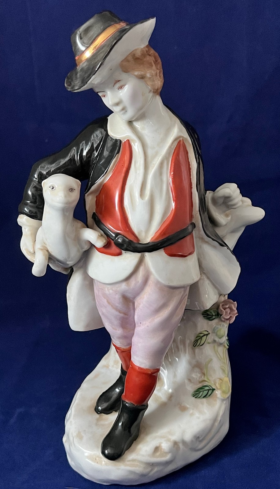 Figurine Enamel Porcelain Boy & Dog, 10.5” Tall, Vintage Early-Mid 20th Century
