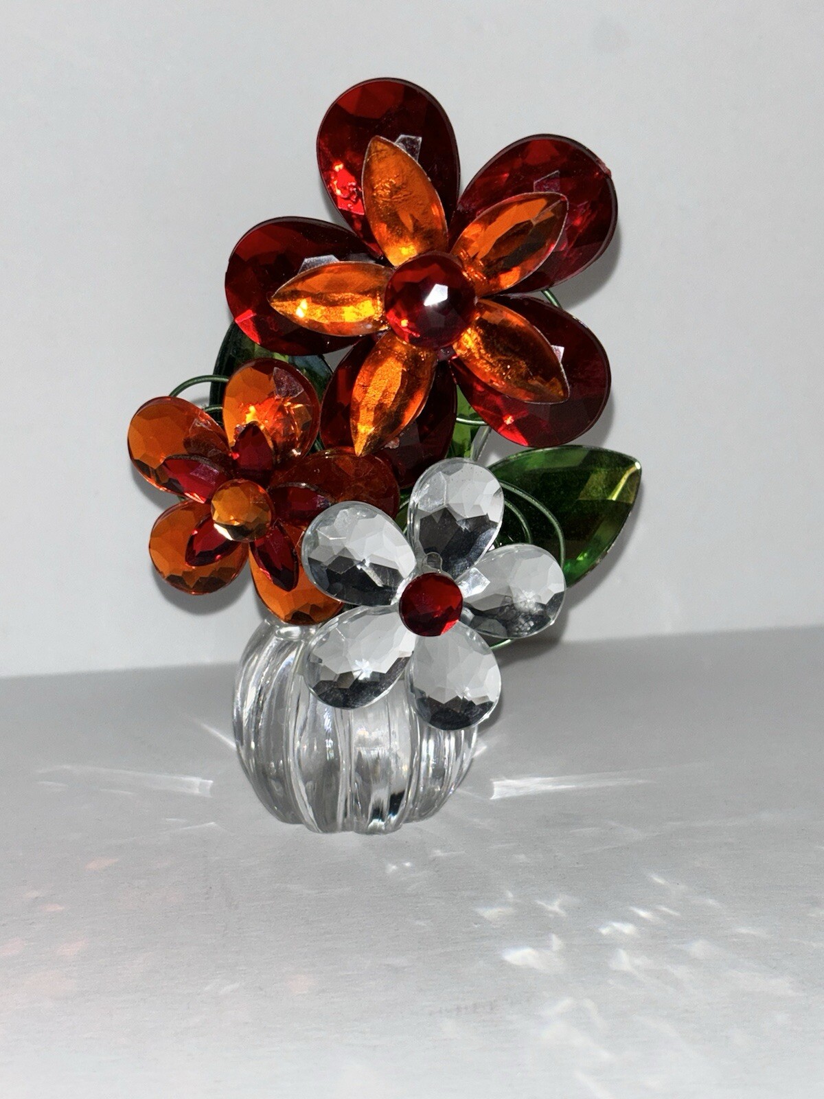 Crystal Glass Flower Bouquet Figurine Red Orange Green Pretty Delicate
