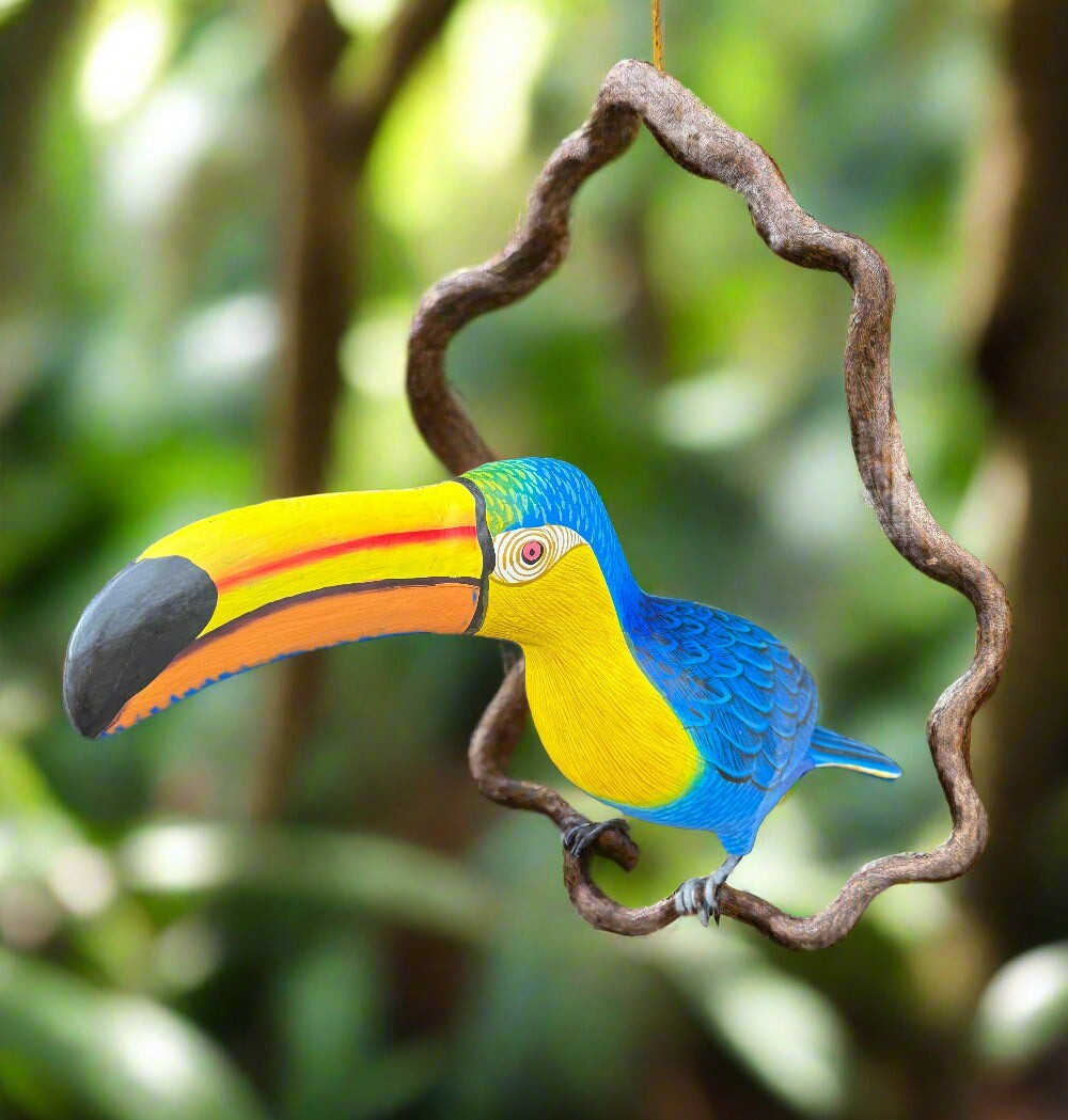 Blue and Yellow Hanging Toucan Wood Carving Statue 20″ beak to tail