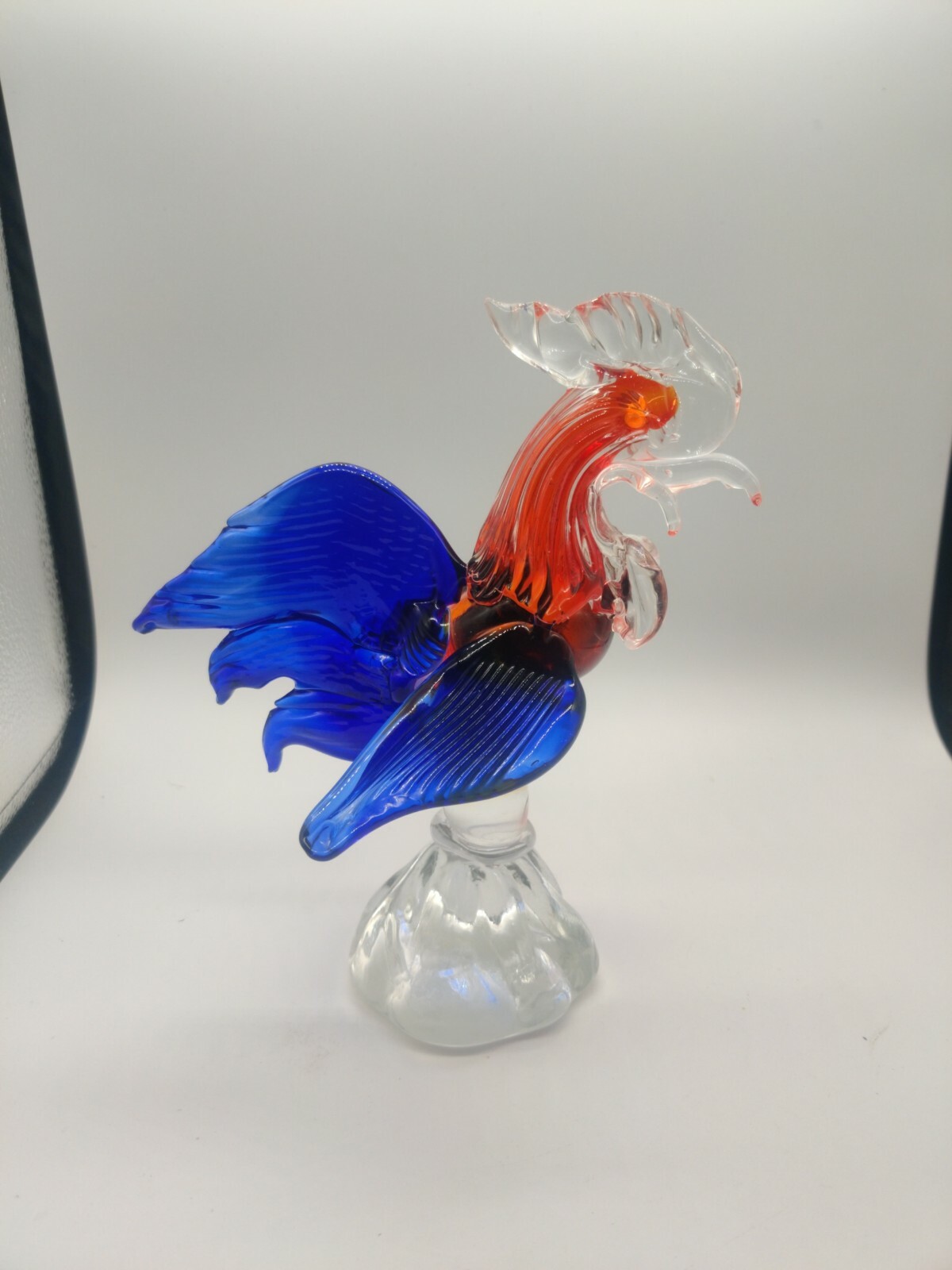Murano Style Italian Art Glass Rooster Confetti Blue & Red Figurine 8.5′