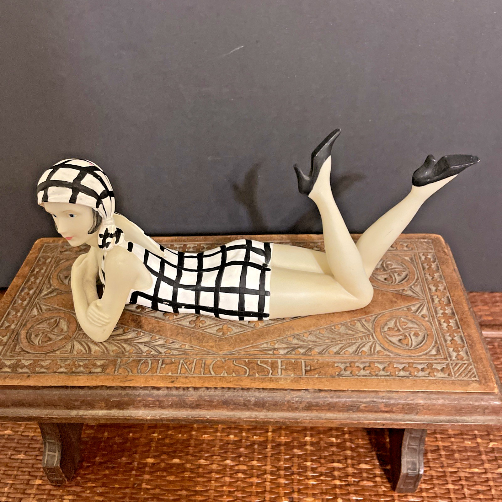 Retro 1920’s Bathing Beauty Figurine, black and white suit, hat, heels 4″ hi