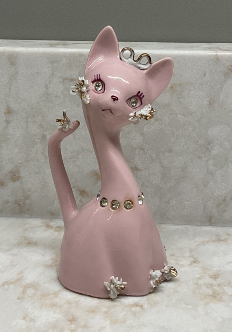 LEFTON PINK CAT BELL 5″ ANTHROPOMORPHIC RHINESTONE SPAGHETTI GOLD ACCENTS VTG