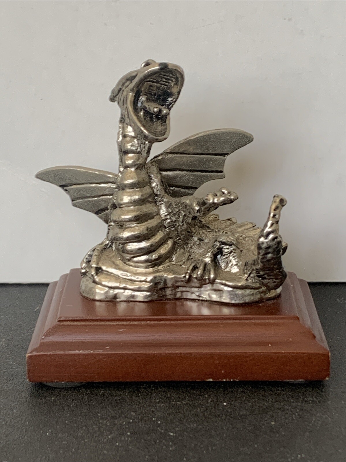 Fantasy Metal Dragon Figure on Wooden Base Decorative Collectable