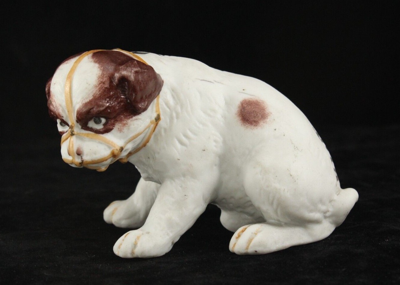 Antique German Bisque 2½” Brown on White Dog Figurine with Muzzle Souvenir NYC
