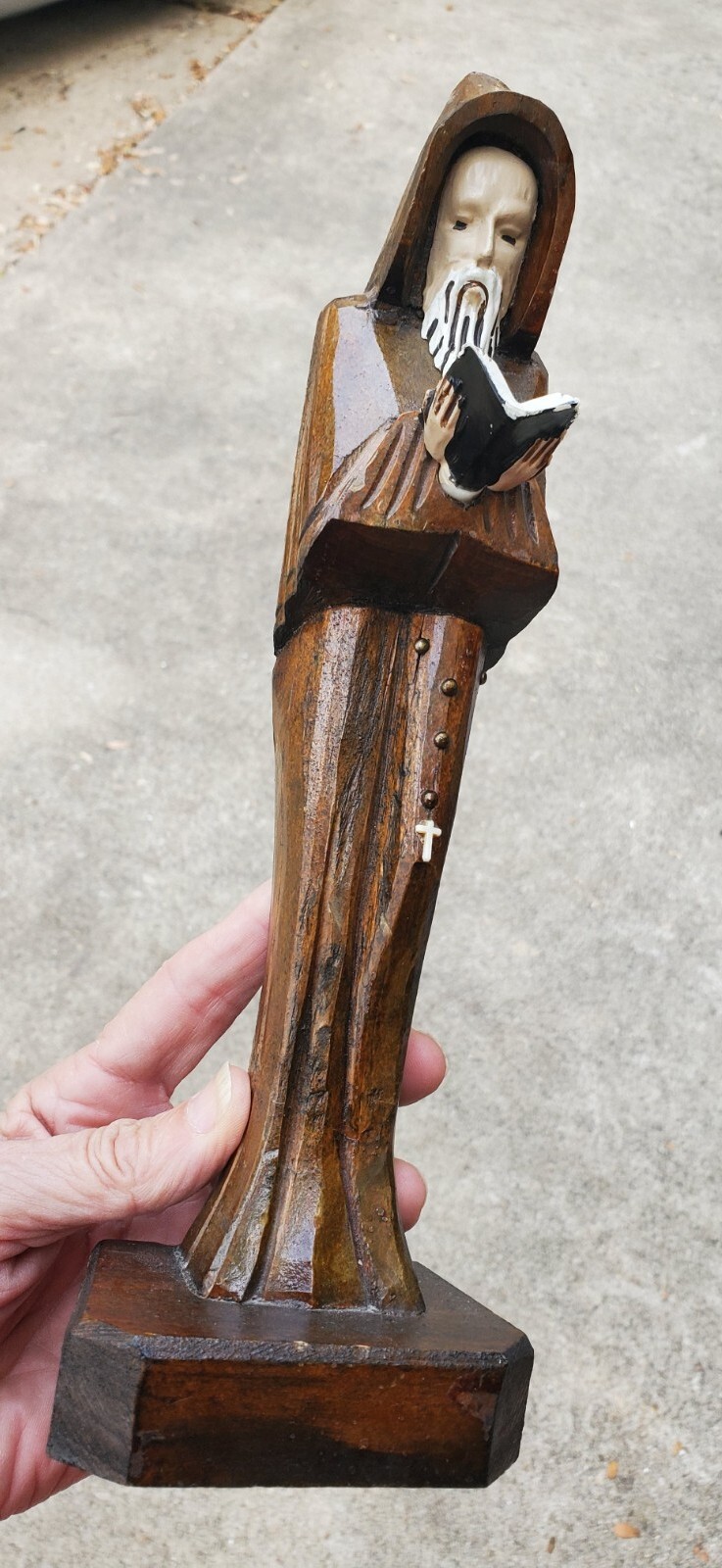 Vintage Hermit Monk Priest Hand Carved Wooden Wood Figure Statue Bible Cross