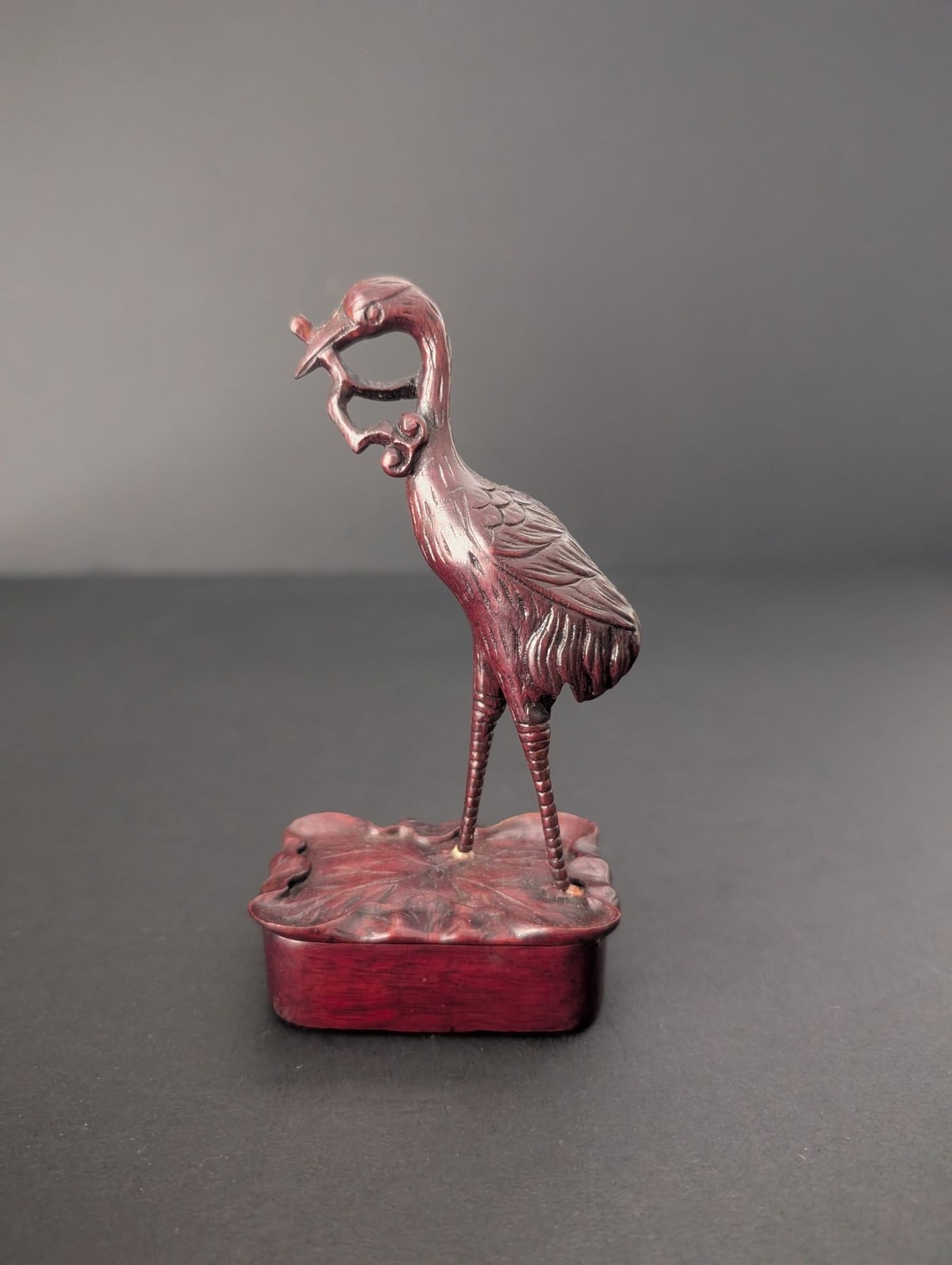 Vintage Carved Wood Crane Figurine on Lily Pad Base Lidded Box Chinoiserie