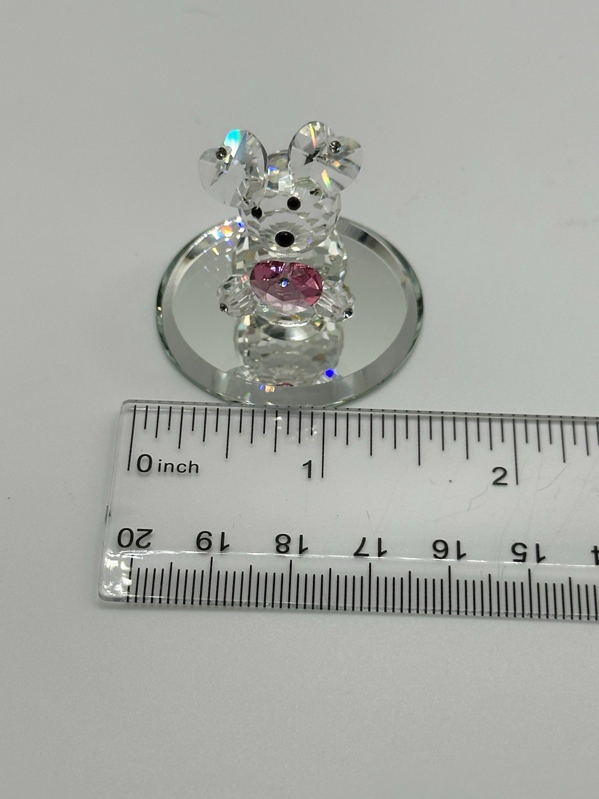 Clear Crystal Teddy Bear With Pink Heart Figurine On Round Beveled Mirrored Base