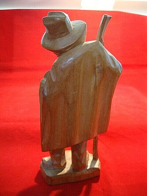 Vintage Hand Carved Wood Folk Art Peasant Man w/Staff and Basket 4″ X 8″