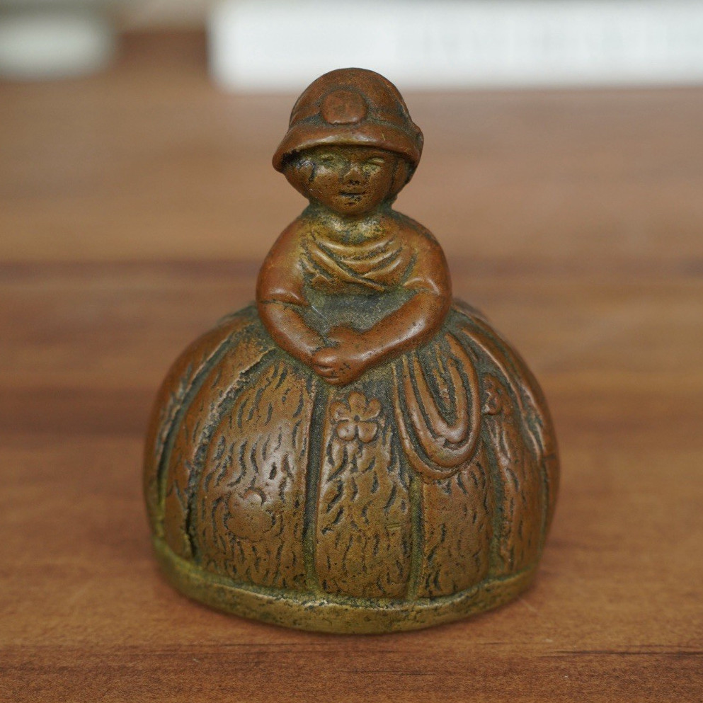 Vintage Brass Lady Figurine Bell Brown Patina Floral Dress Mini Collectible Bell