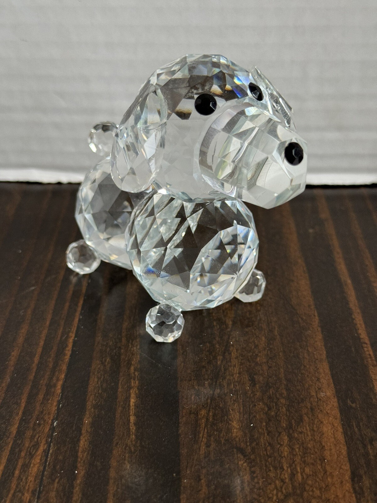 Clear Faceted Cut Glass Crystal Poodle Figurine Black Eyes & Nose