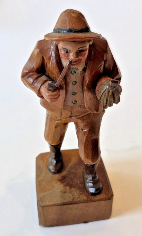 Vintage 20th Century Wooden Carving Man walking with Pipe And Umbrella 5” Tall