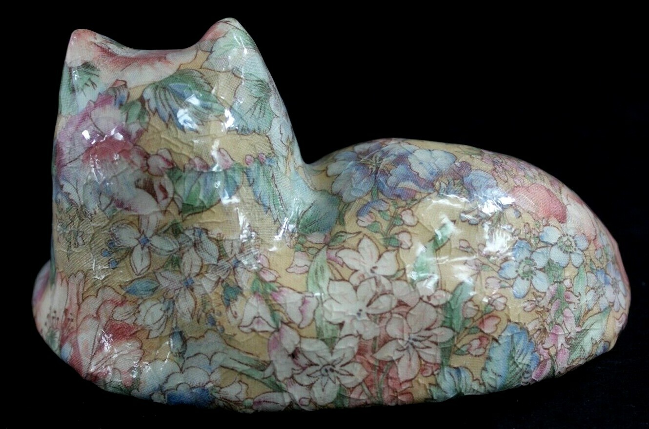 Vintage Floral Decoupage Patchwork Porcelain Cat Figurine by Joan Baker Designs