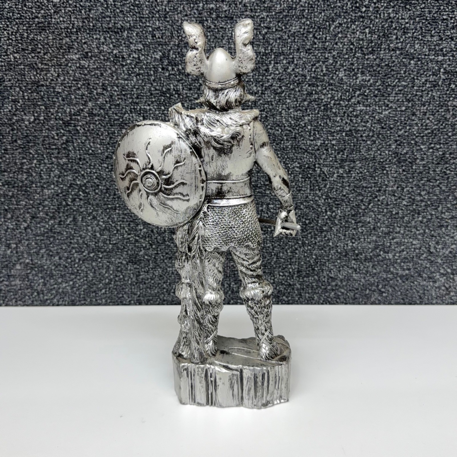 Vtg Enesco Viking Warrior Figurine Faux Silver Tone Norse Barbarian Statue 11.5″