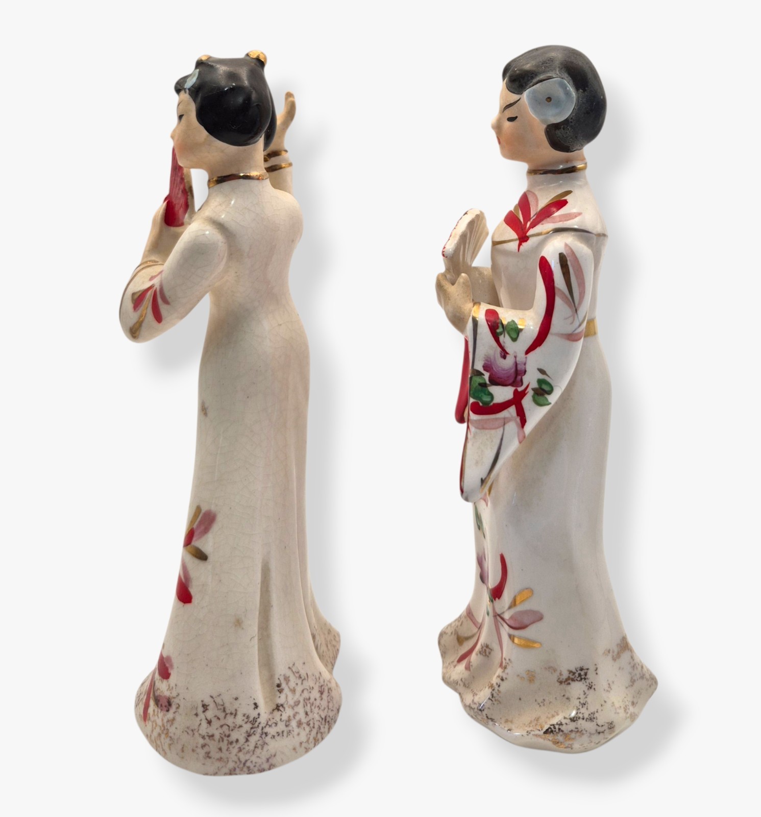 Vintage Japan Geisha Figurines Pair Porcelain Asian Ladies Fans Floral Kimono 6″
