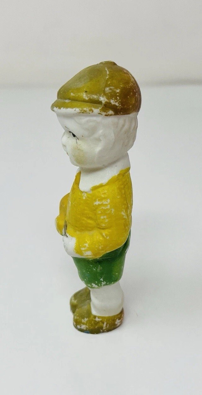 Vintage 1930s Japan Bisque Boy Figurine Brown Hat Yellow Jacket 4″ Porcelain