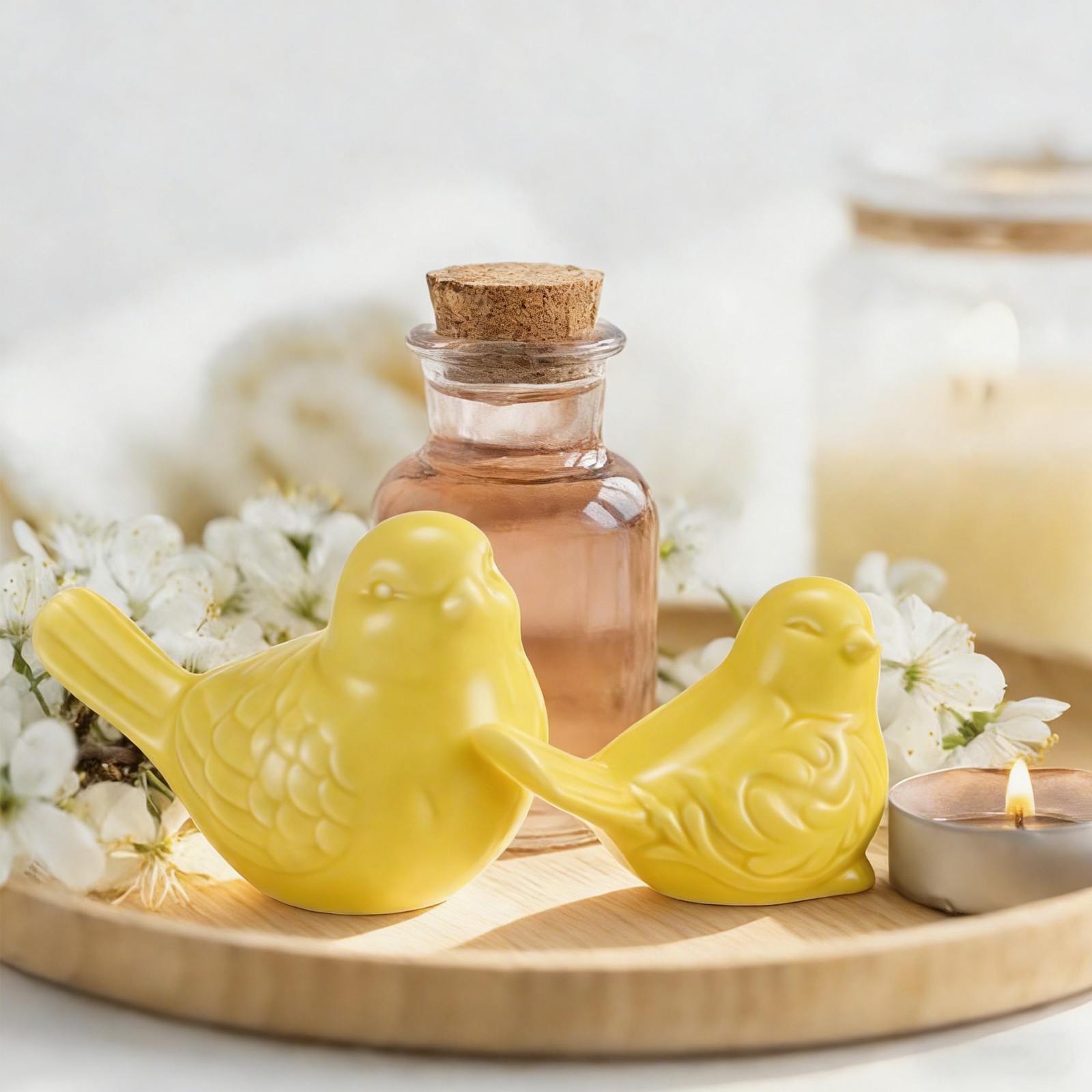 2Pcs Ceramic Birds Figurines, 3.9 Inch and 3.2 Inch Bird Figurine Statue, Yellow