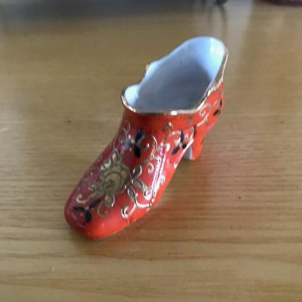 Vintage Mini Porcelain Shoe Japan Orange Gold Trim 2.5 Inch
