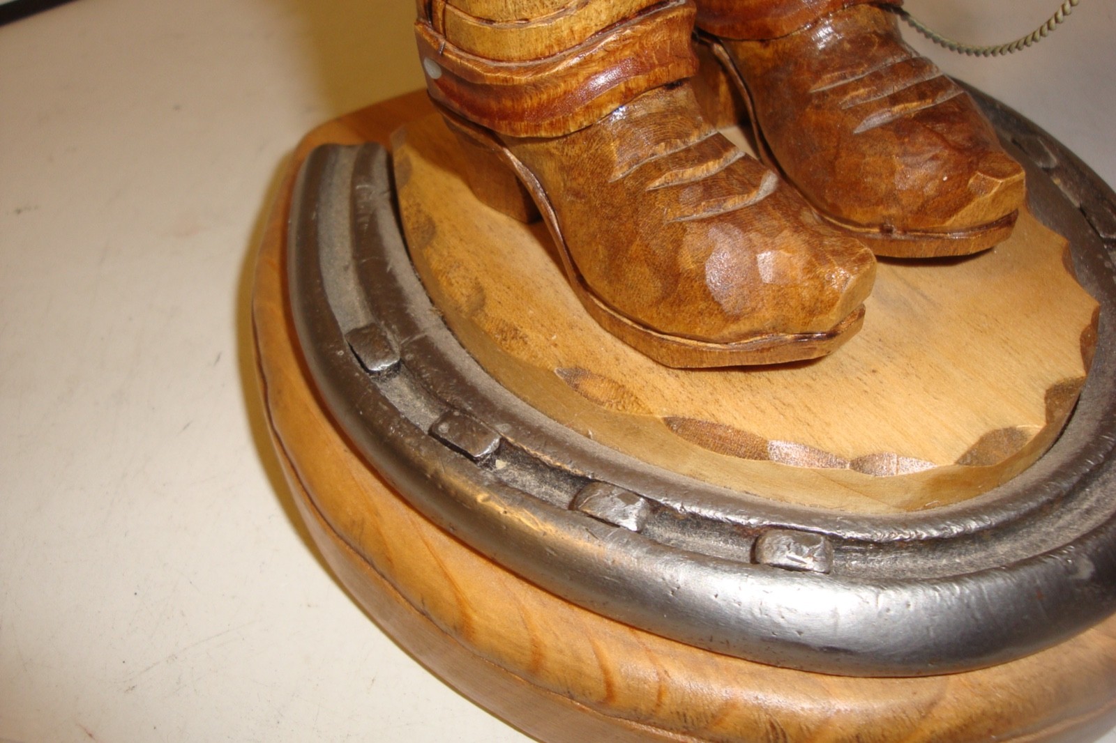 2012 J.L.Fritch wood carving cowboy boots and rope signed dated