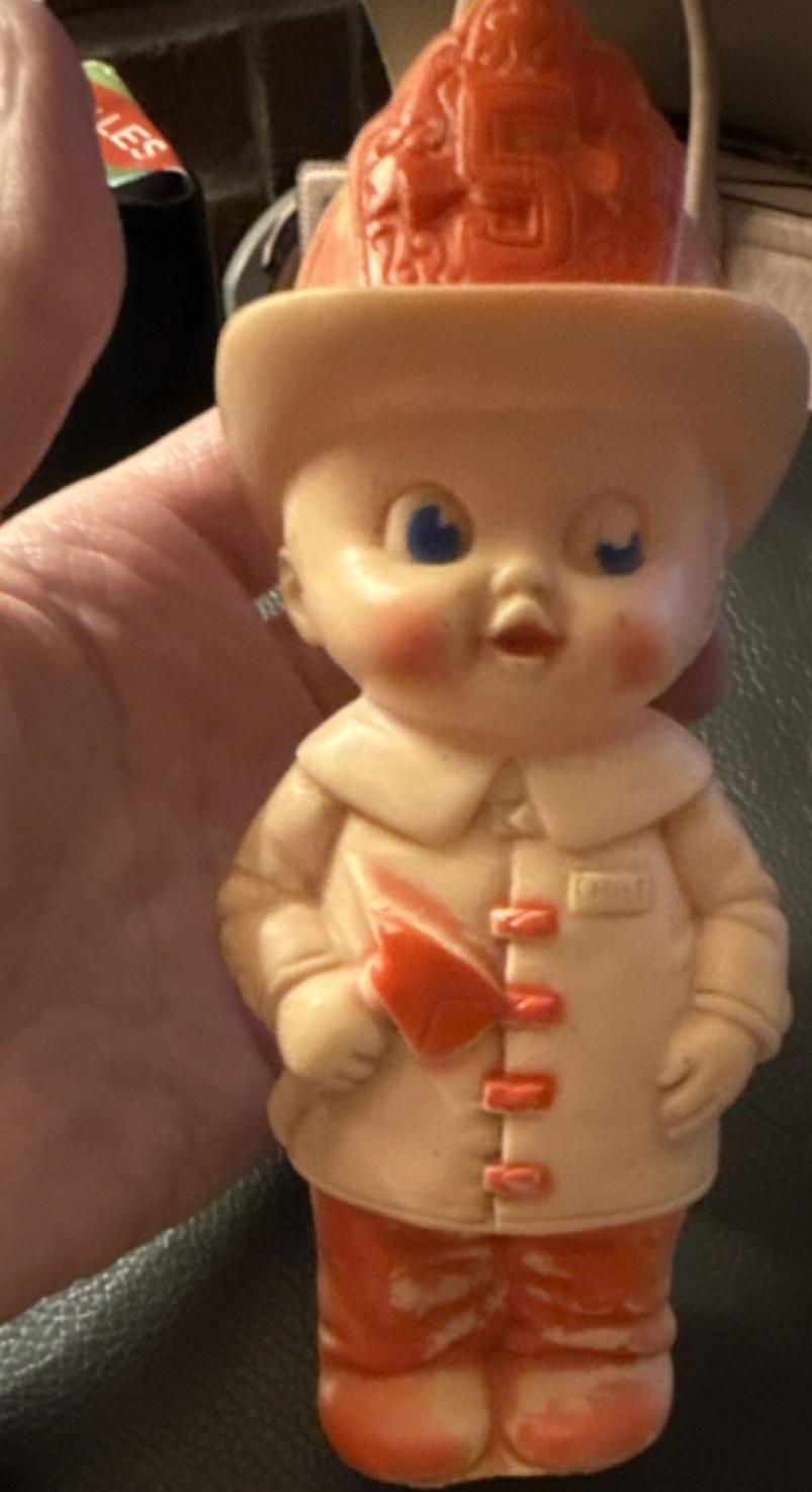 Sun Rubber Co. Inc. Firefighter Rubber Figurine Beige/Orange 1960s