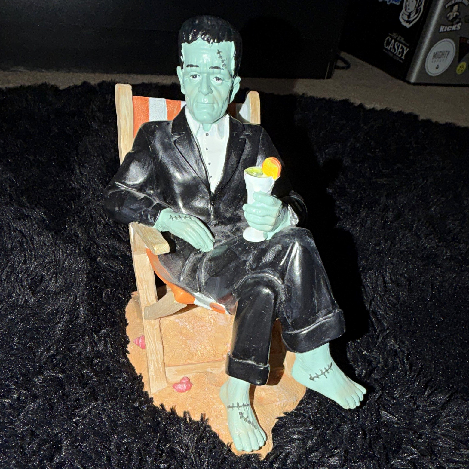 Frankenstein’s Monster Beach Chair Figurine Holding Drink, Painted Resin 3D