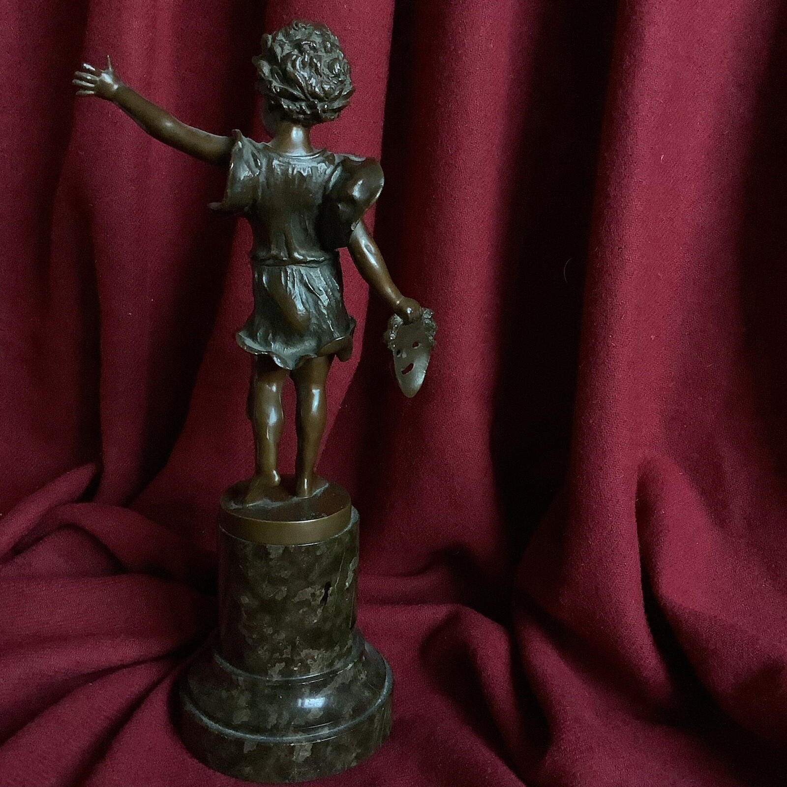 Antique Bronze Girl Statue Theater Allegory Actress Mask Baroque Artist Signed