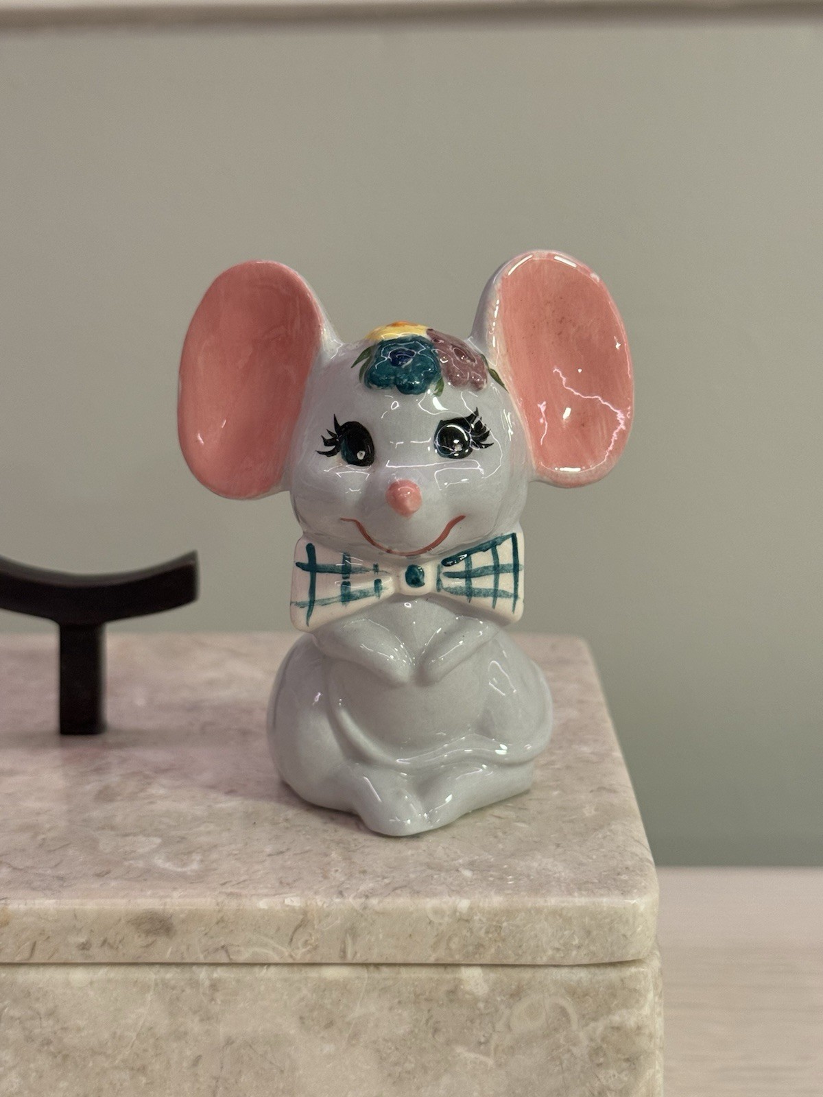 Hand Painted Ceramic Mouse Figurine with Bow, Gray Pink Blue White Trinket mouse