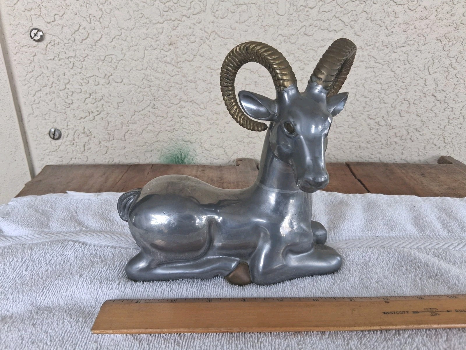 Vintage Art Deco Cast Metal Pewter Brass ? Ram Bighorn Sheep Figure 7″X7″X3″