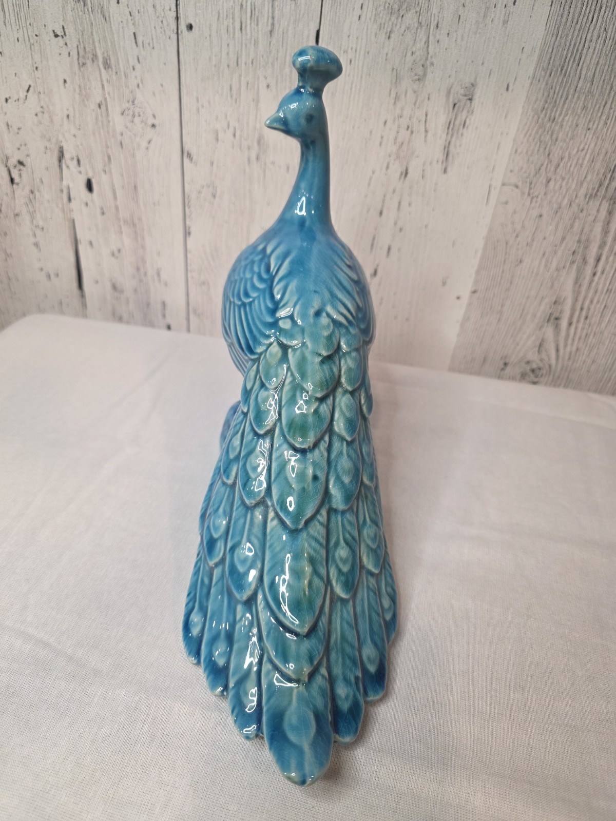 Large Ceramic Peacock Figurine 9″ H 11″ L Blue/Turquoise