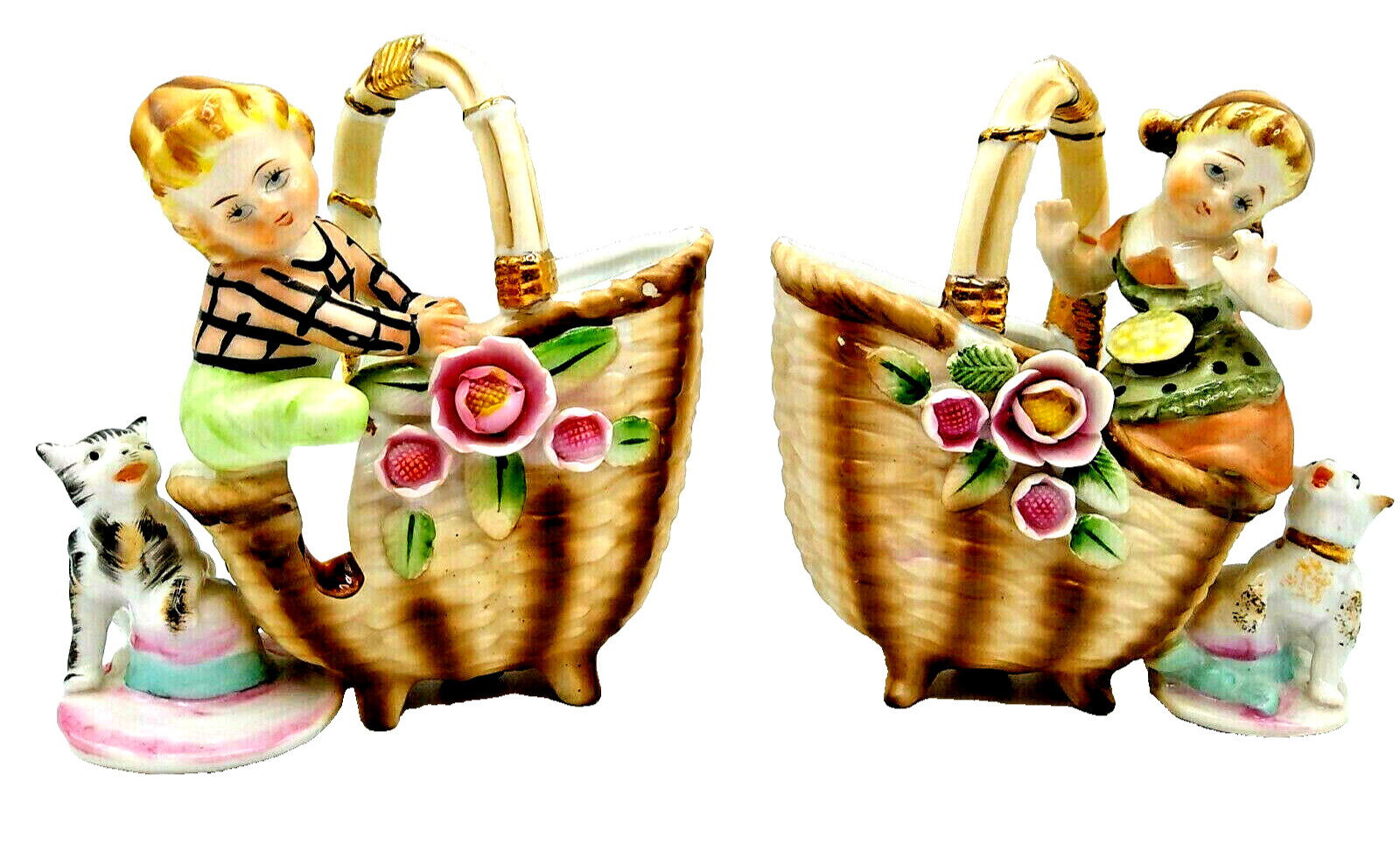 Pair of Vintage Figural Planters Trinket Dishes Vases Boy Girl Dog Cat Ucagco