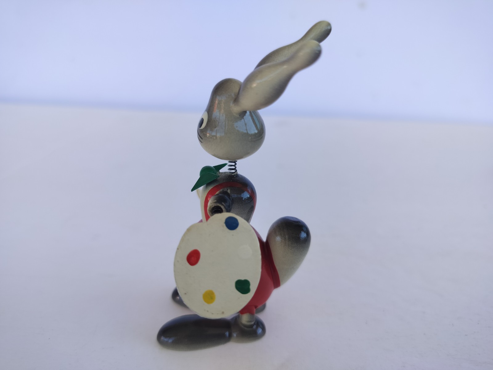 Vintage Goula Spain Wood Bobblehead Rabbit Bunny Painter Figurine