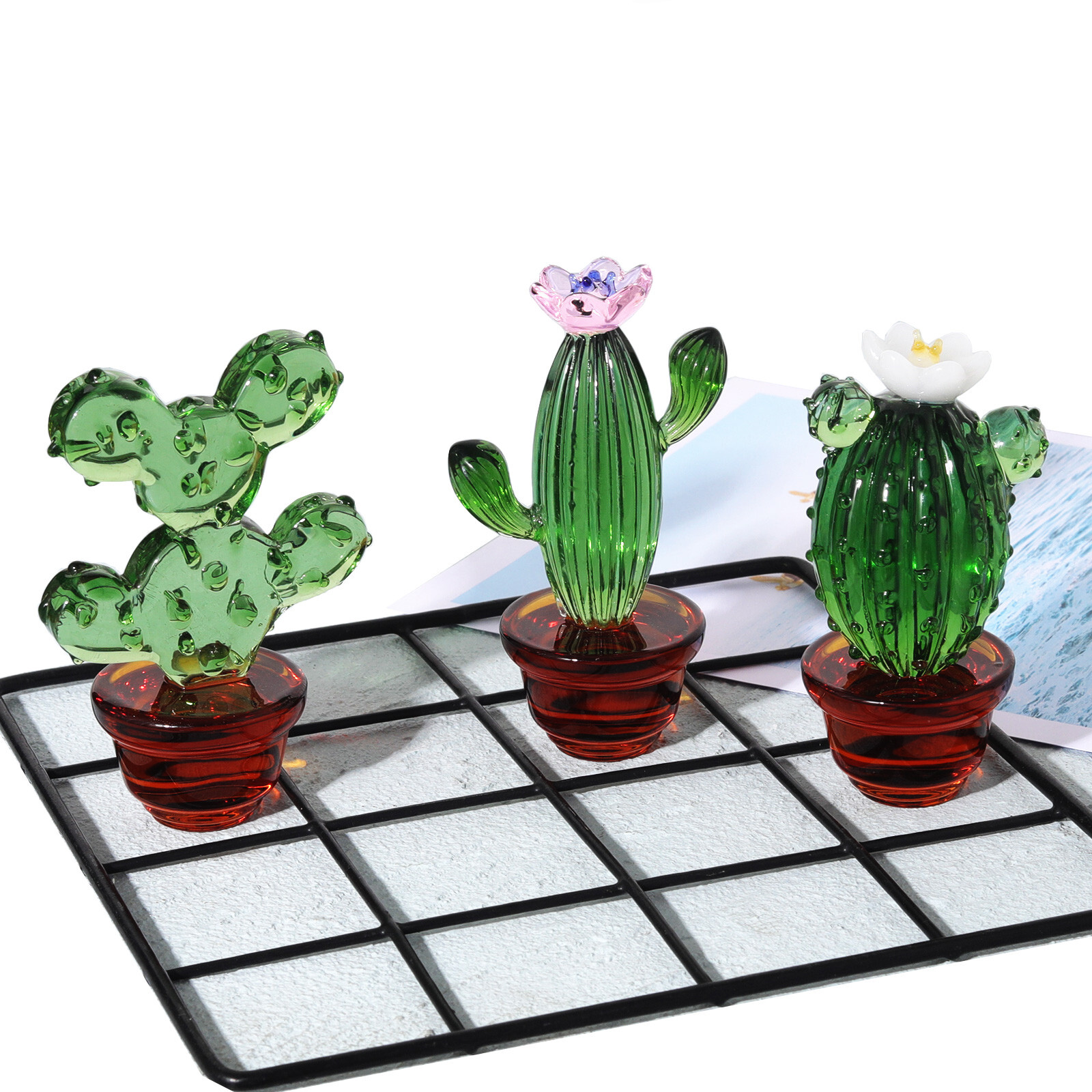 Crystal Cactus Figurine Collectible Glass Cactus Ornament Table Decor Gift