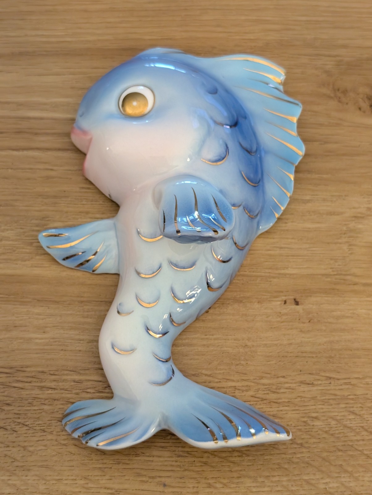 Lefton Vintage Anthropomorphic Fish Blue Gold Bathroom Wall Plaque Mid Century