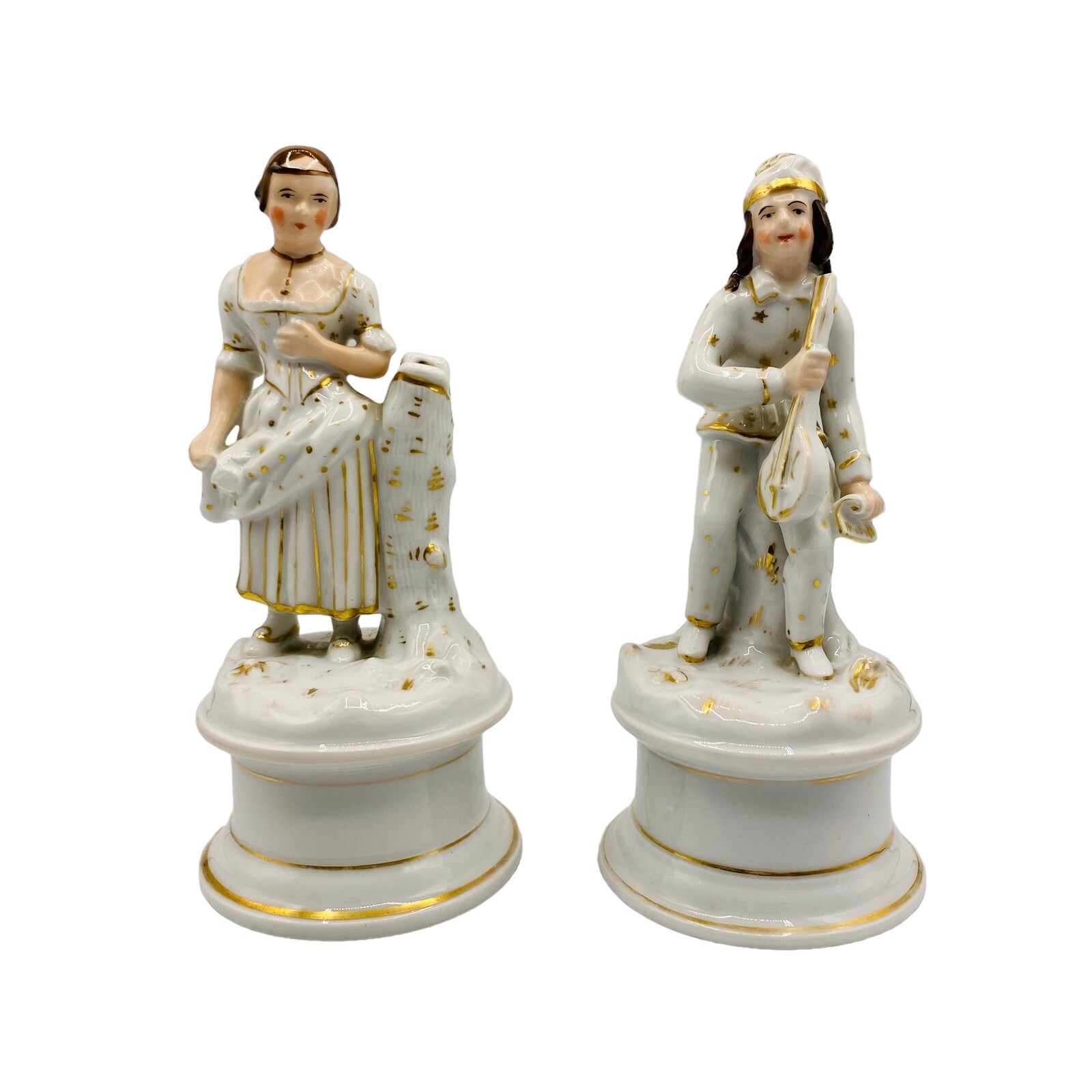 19th C Antique Paris Porcelain Figurines Set Of 2 Pen Holder Girl & Musician Boy