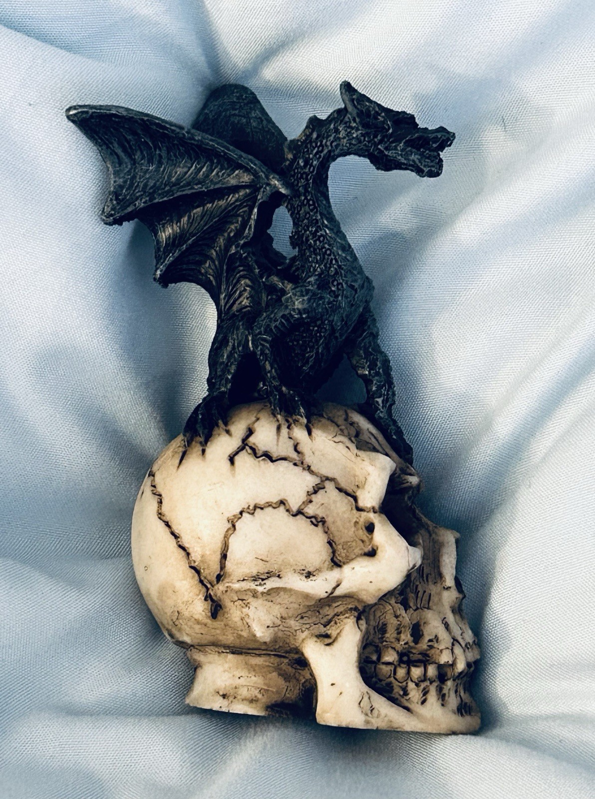 Black Dragon Figurine On Skull, Resin 4”x2”, Fantasy, Gothic, NEW, SEE PICS!