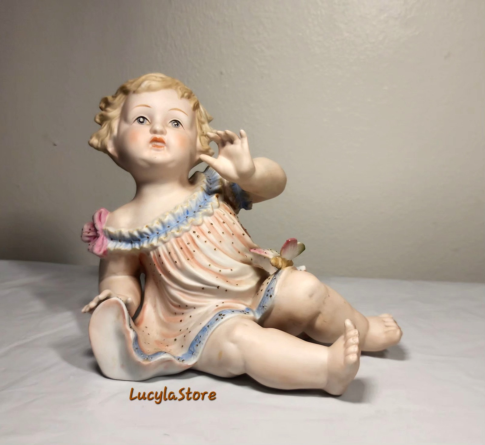 Mid-Century Andrea by Sadek Bisque Porcelain Piano Baby Figurine Girl Butterfly