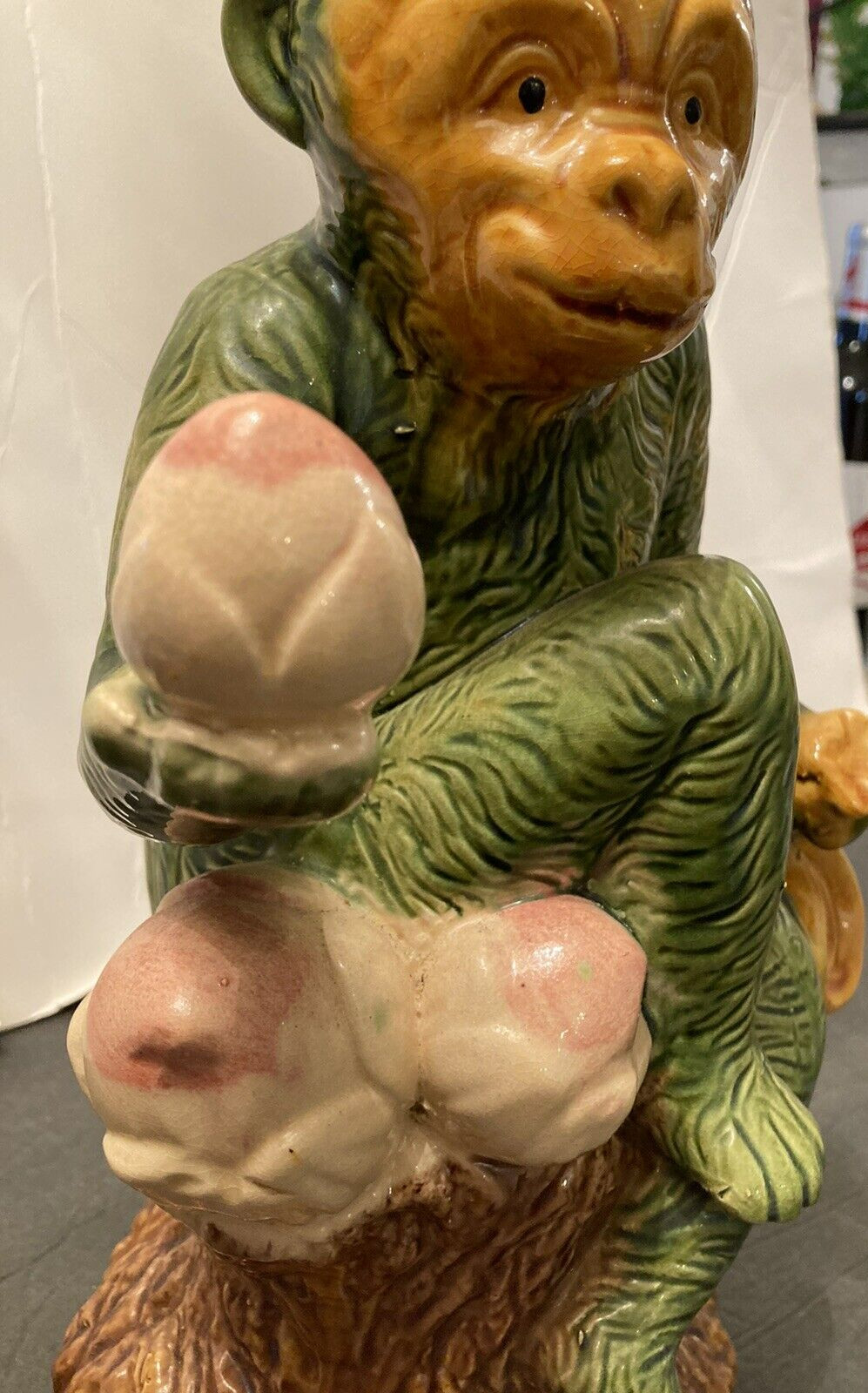 Antique Collectible Monkey Holds Fruits and Water bag.
