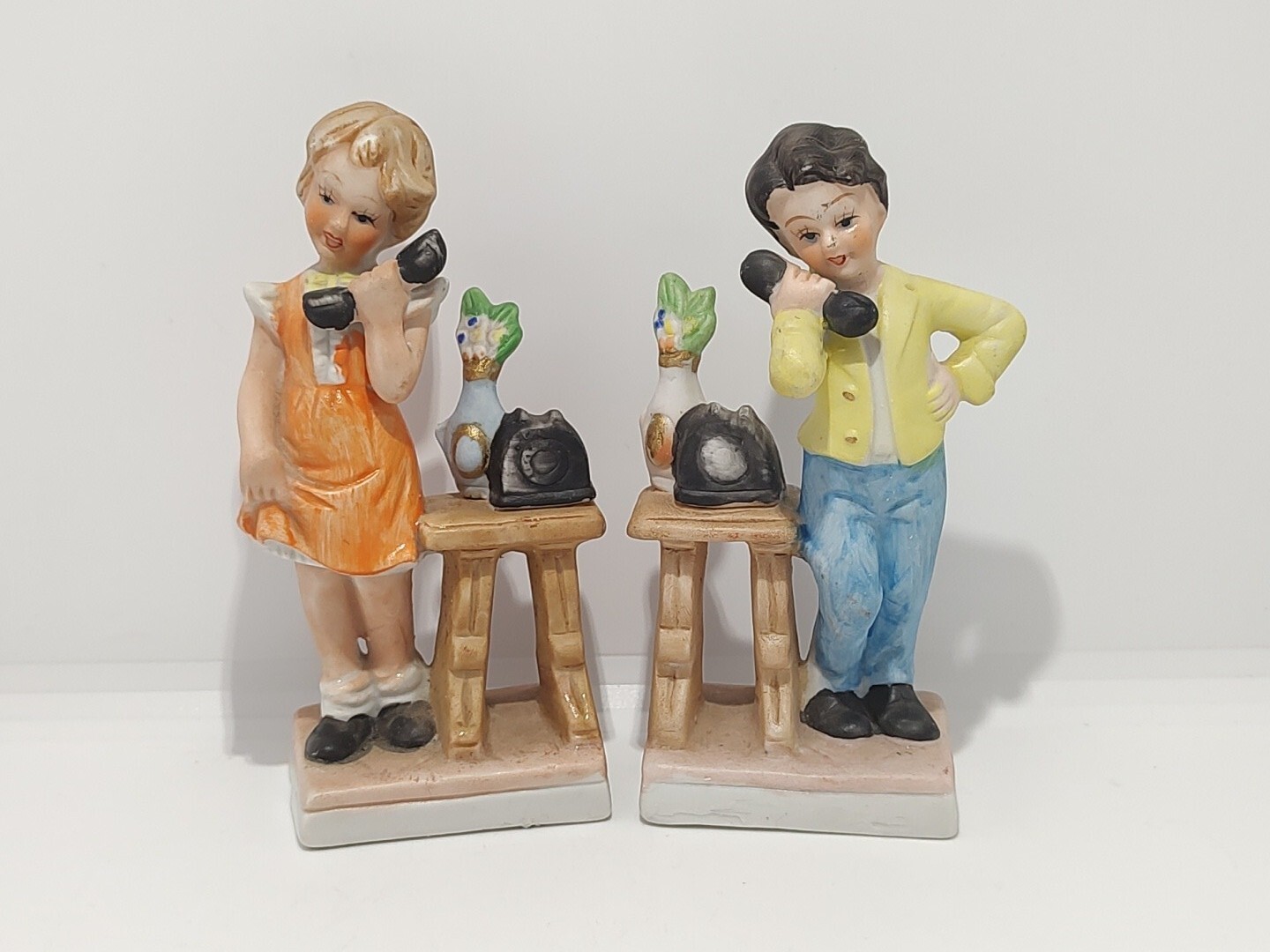 2-Vintage Ceramic Teens On Phone Figurines Taiwan